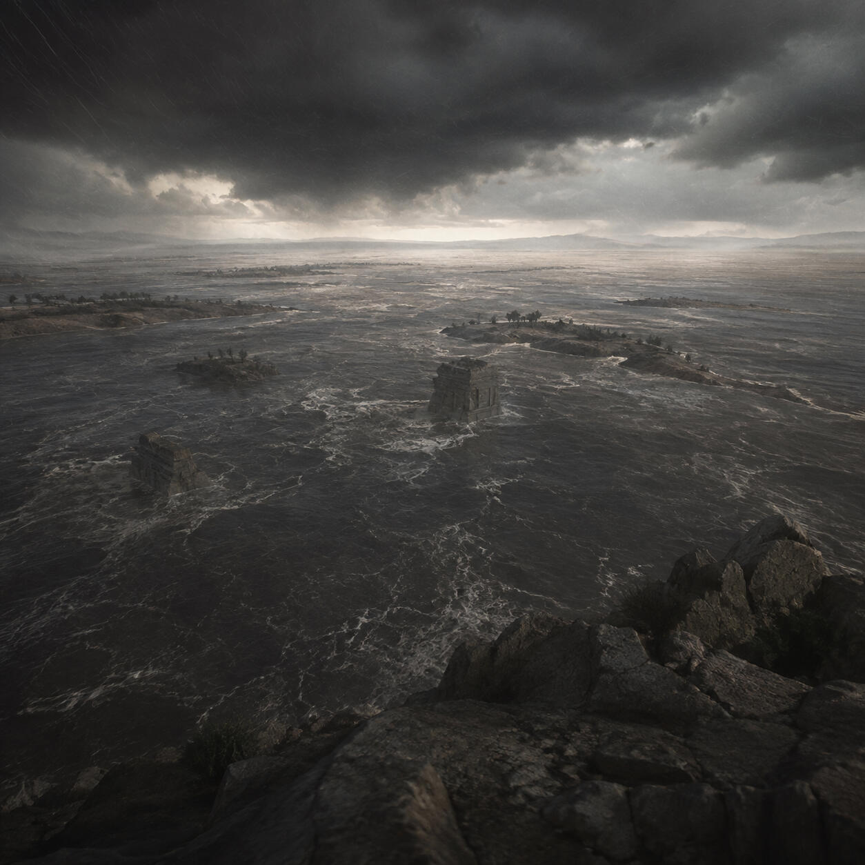 A vast ancient landscape overwhelmed by floodwaters beneath storm clouds