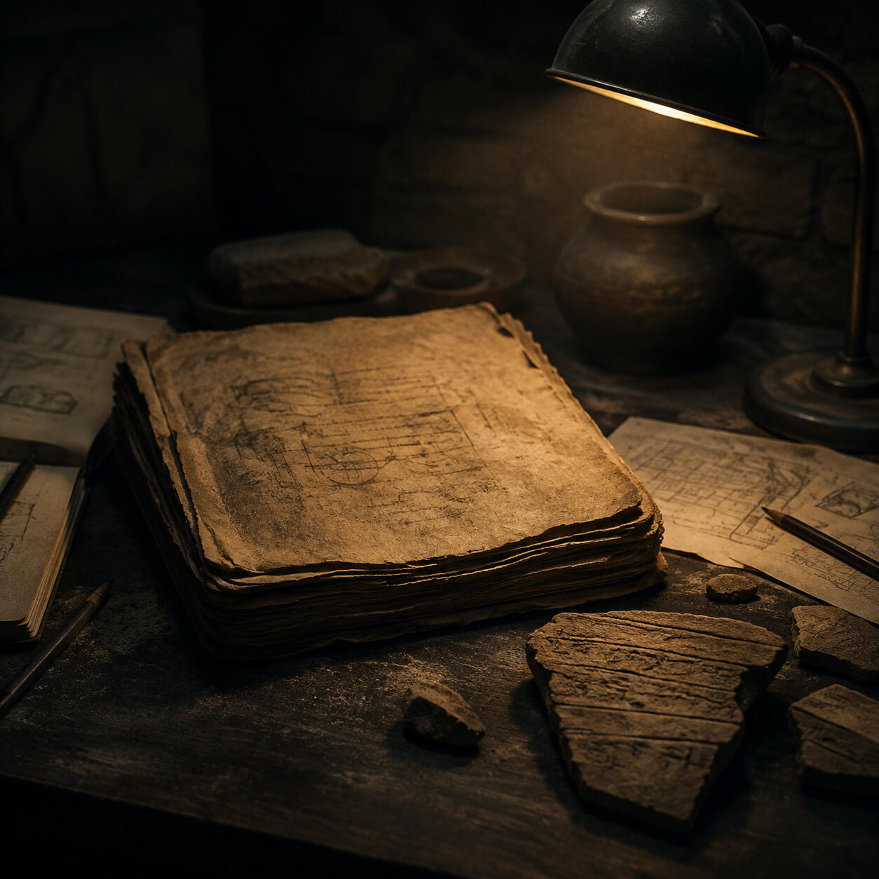 Ancient manuscripts and inscribed fragments examined under lamplight