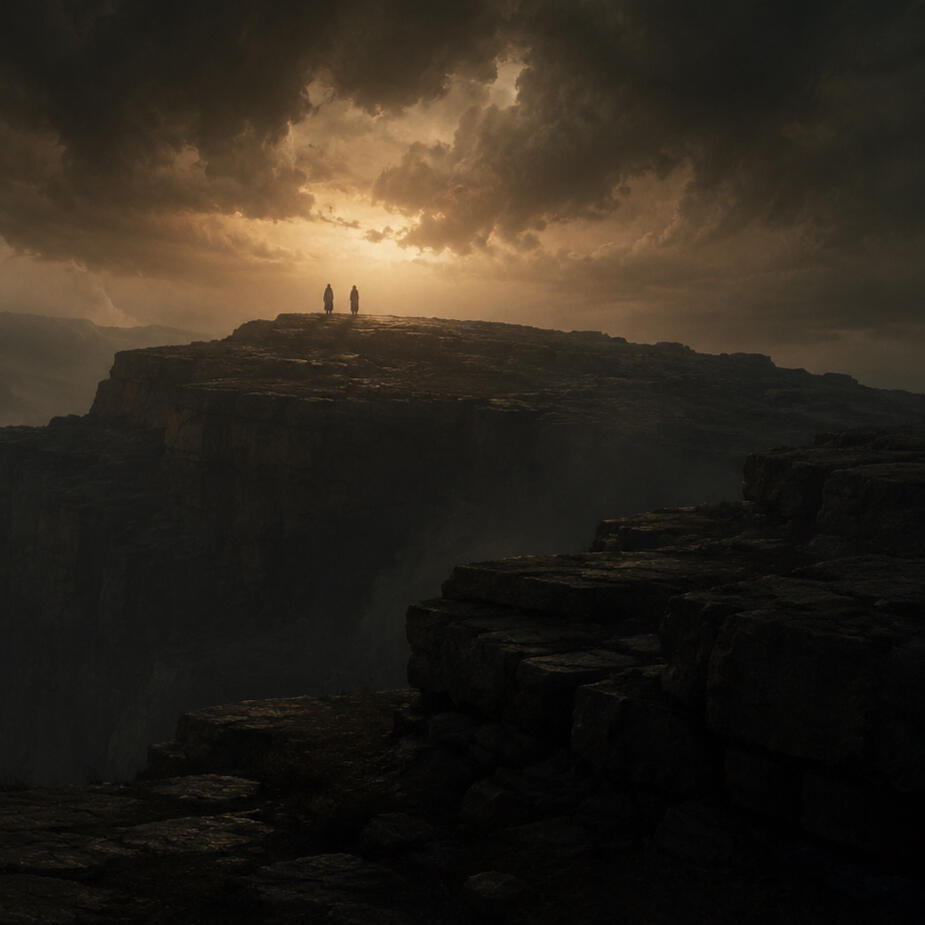 Two distant figures standing on an ancient ridge beneath immense storm clouds