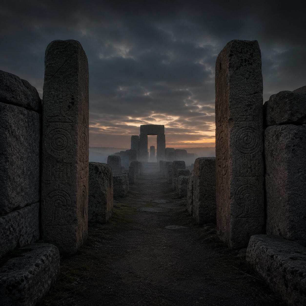 Monumental carved stone pillars at an ancient ceremonial site