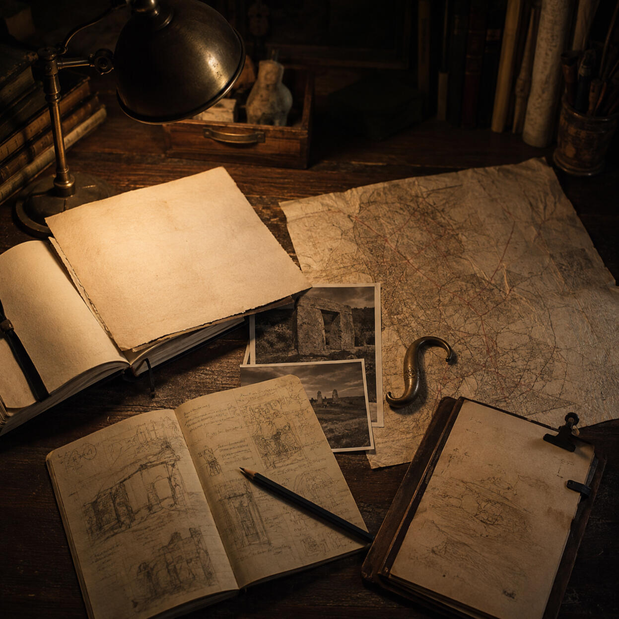 A writer’s desk with archaeological notes, old maps, photographs, and a bronze hook