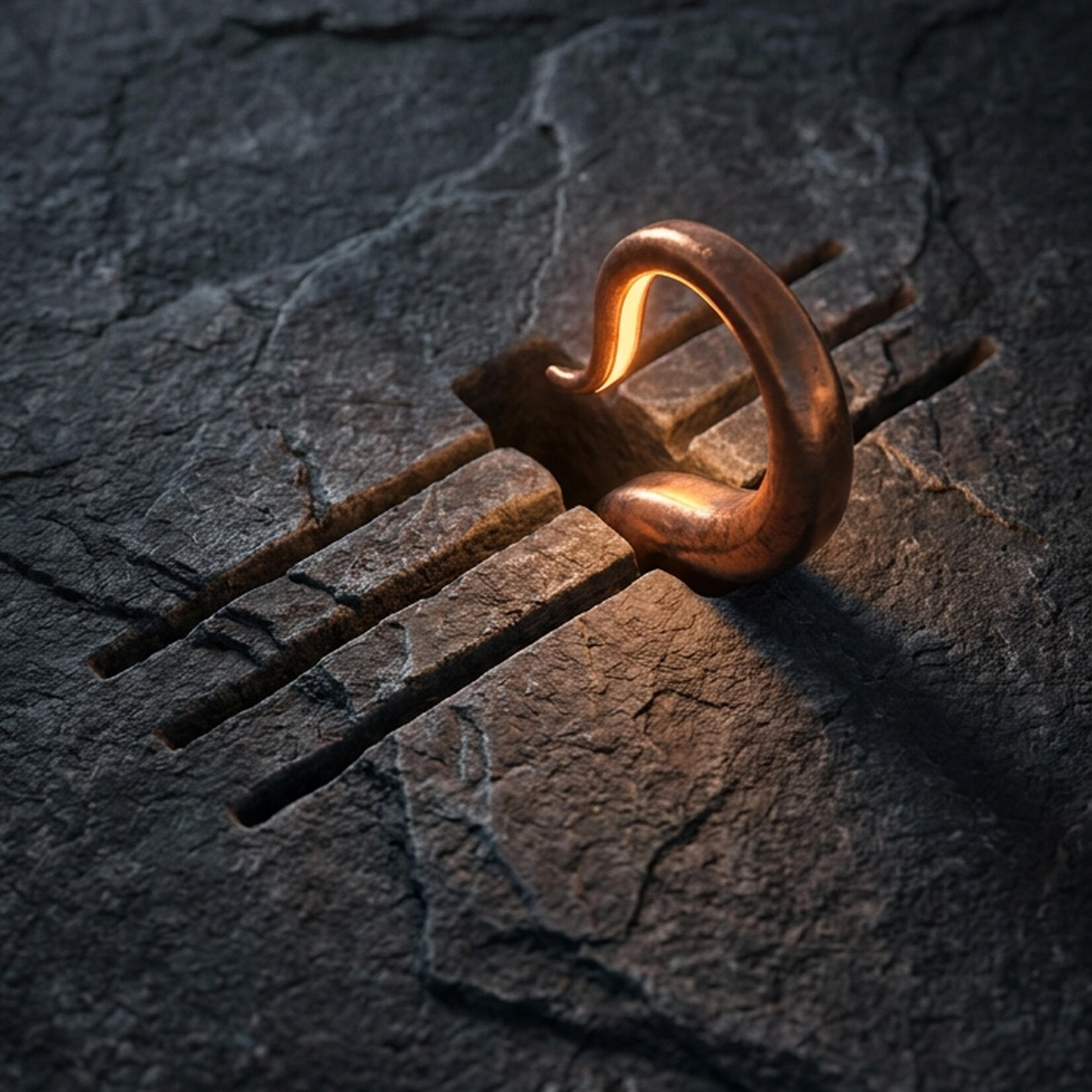 The Hook A mysterious bronze hook resting on an ancient carved stone surface