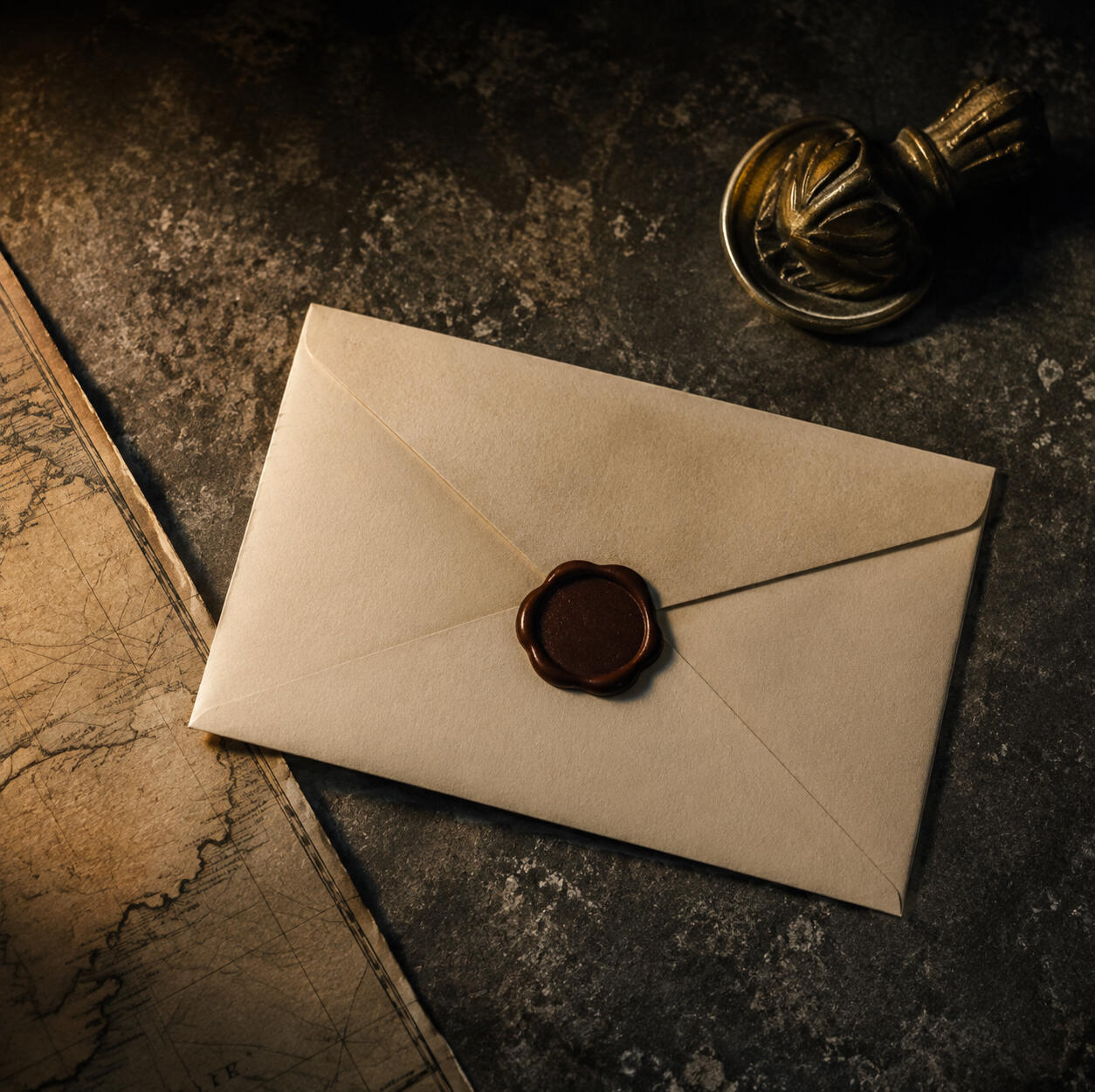Contact Elias Duvain A sealed cream envelope beside an old map on a dark stone desk